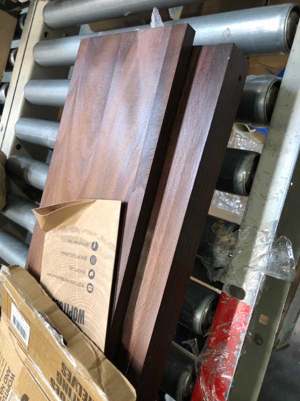 Photo 1 of 0.WOPITUES Floating Shelves with Black Metal Rail, 4 Set Shelves for Wall Decor, Rustic Wood Wall Shelves for Bathroom, Bedroom, Living Room, Kitchen, Plants, Books, Picture Frames- Dark Brown
