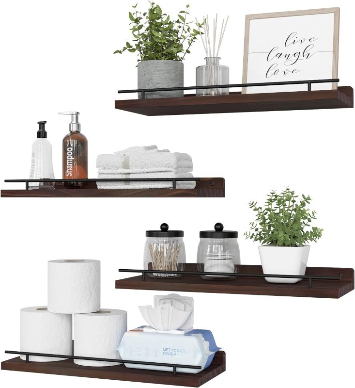 Photo 1 of 0.WOPITUES Floating Shelves with Black Metal Rail, 4 Set Shelves for Wall Decor, Rustic Wood Wall Shelves for Bathroom, Bedroom, Living Room, Kitchen, Plants, Books, Picture Frames- Dark Brown
