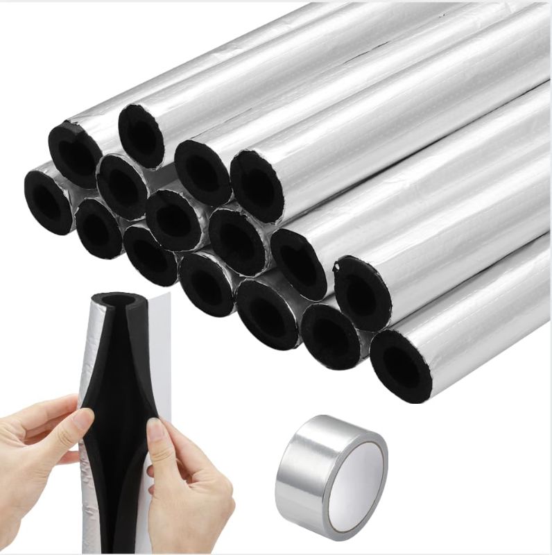 Photo 1 of 16 PCS Pipe Insulation Foam Tubes, 1 Inch Self-Adhesive Insulation Foam Wraps for Pipes, Pre-Slit Insulated Foam Tubes with Aluminum Foil Tape?1.96In*65.6Ft? for Indoor Outdoor Pipes?1.4Ft*1Inch?