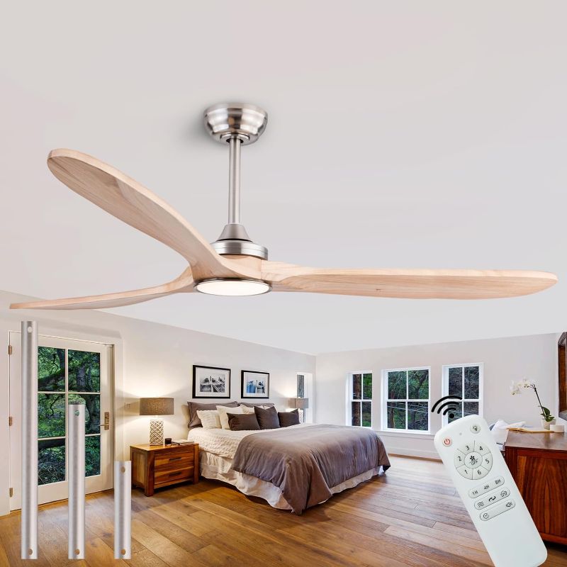 Photo 1 of 60" Wood Ceiling Fans with Lights and Remote Control,Indoor Outdoor 3 Blades Wooden Ceiling Fan for Garage,Patio,Living Rooms,Bedrooms,Offices,Farmhouse(Nickel+Raw wood)
