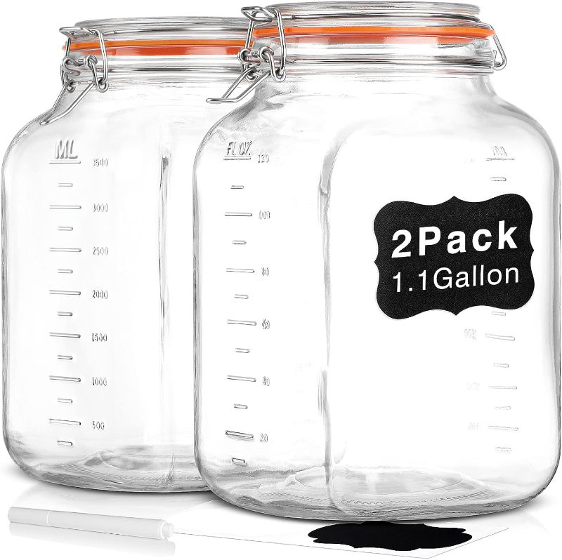 Photo 1 of [UPGRADE] 2 Pack Square Super Wide Mouth Airtight Glass Storage Jars with Lids, 1.1 Gallon Glass Jars with 2 Measurement Marks, Canning Jars with Leak-proof Lid for Kitchen(Extra Label and Gasket)
