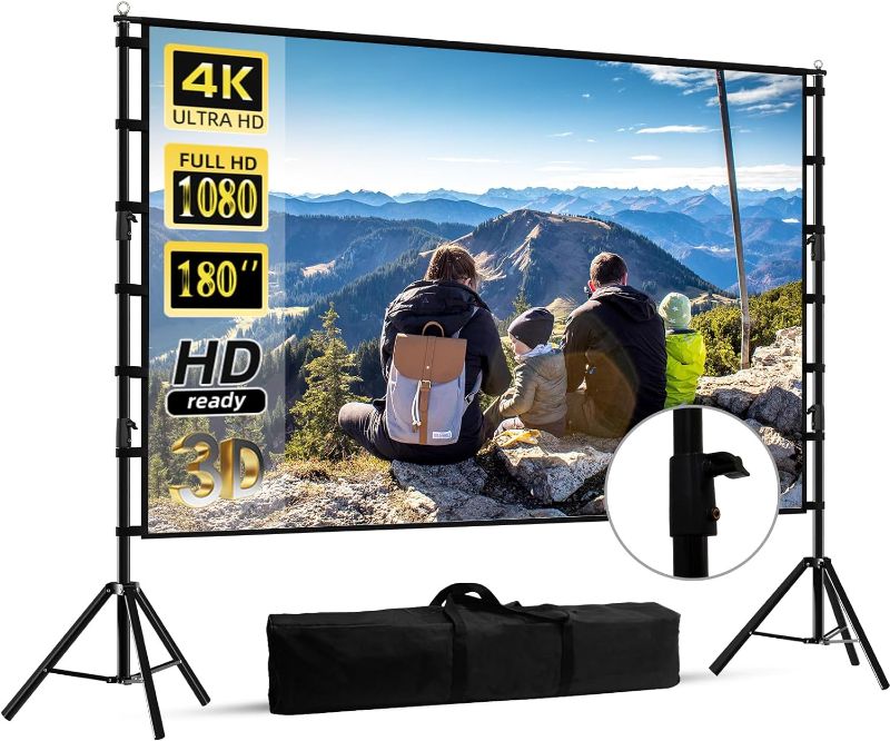 Photo 1 of 180 inch Projector Screen with Stand,HUANYINGBJB Outside Projection Screen, Portable 16:9 4K HD Rear Front Movie Screen with Carry Bag for Theater Backyard Movie Night,Cinema School, Churches,Parties
