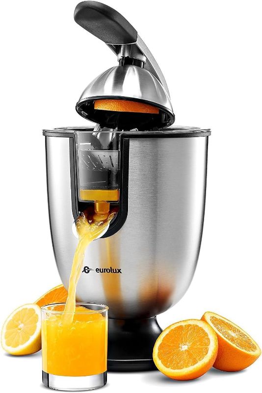 Photo 1 of ***NON FUNCTIONING///SOLD AS PARTS***   Eurolux Premium Electric Orange Juicer | Stainless Steel Citrus Squeezer With New Ultra-Powerful Motor and Soft Grip Handle for Effortless Juicing, Auto Shutoff, Dishwasher-safe Parts, Pulp Control