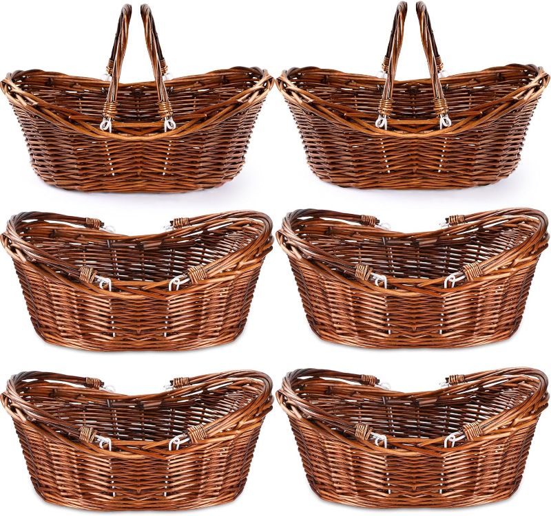 Photo 1 of 6 Pcs Wicker Picnic Basket with Handle, Hand Woven Harvest Basket Bulk, Wicker Flower Basket for Storage, Picnics, Easter, Organizing, Egg Gathering, Candy, Wedding Basket(Dark Brown)
