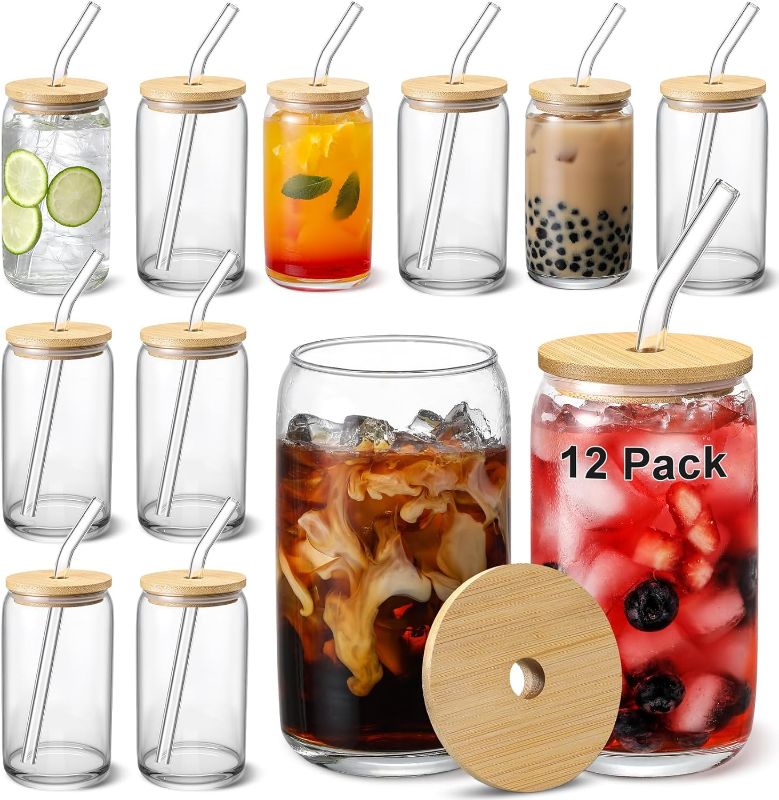 Photo 1 of [ 12pcs Set ] Glass Cups with Bamboo Lids and Glass Straw - Beer Can Shaped 16 oz Iced Coffee Drinking Glasses, Cute Tumbler Cup for Smoothie, Boba Tea, Whiskey, Water - 4 Cleaning Brushes