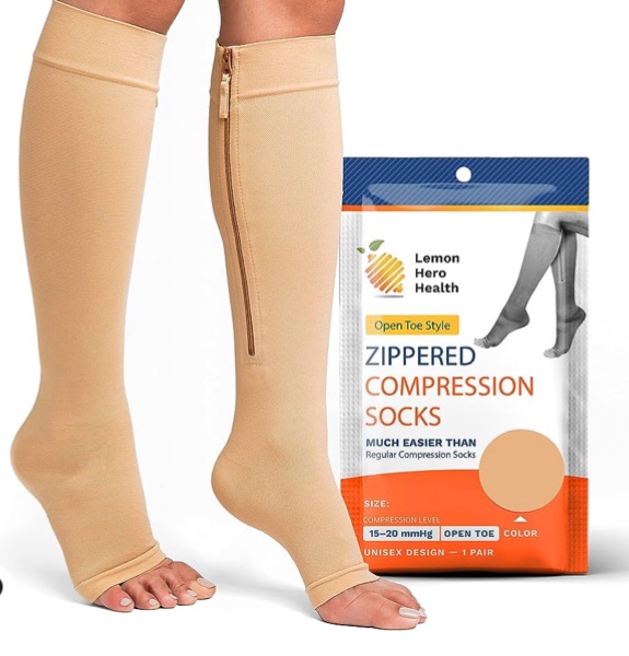 Photo 1 of Lemon Hero Medical Compression Socks - Open Toe 15-20 mmHg Zipper Compression Stockings for Men and Women – Lightweight compression socks for Pregnant Women & Nurses – Large, Beige [1 Pair]