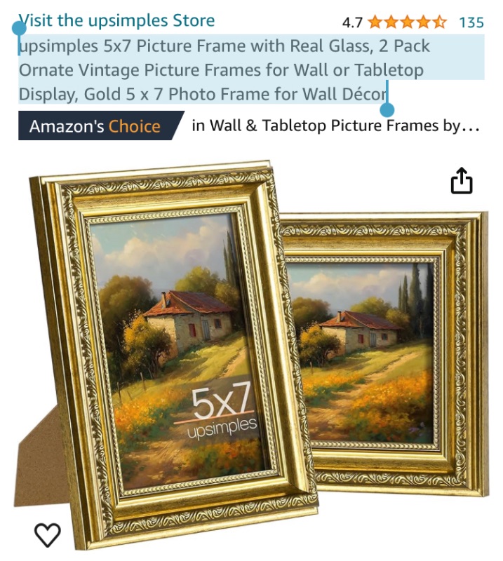 Photo 1 of **APPEARS NEW**
upsimples 5x7 Picture Frame with Real Glass, 2 Pack Ornate Vintage Picture Frames for Wall or Tabletop Display, Gold 5 x 7 Photo Frame for Wall Décor