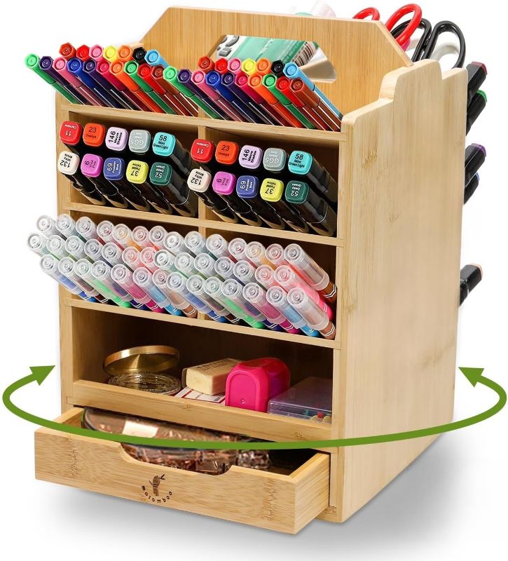 Photo 1 of Bamboo Pen Holder Organizer - 360°Rotating Art Supply Storage Caddy with 14 Compartments and 1 Removable Drawer, Multi-Functional Pen Holder with Handle, Pencil Marker Organizer for Desk
