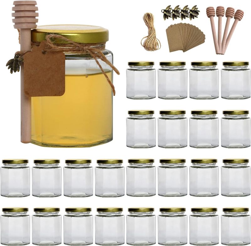 Photo 1 of 6 oz Hexagon Glass Honey Jars, Glass Jars with Gold Lids,Bronzy Bee Pendants,Wooden Honey Sticks,Small Tags,1.5m Jute Twine -Clear Hexagon Jars for Honey,Jams, Liquid.(25 Pcs)…