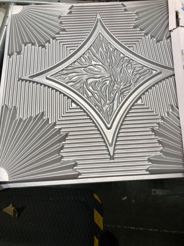 Photo 4 of **APPEARS NEW** Art3d Drop Ceiling Tiles 24x24 in Argent Silver (12-Pack, 48 Sq.ft), 3D Wainscoting Panels Glue Up 2x2 24"x24" Argent Silver 12