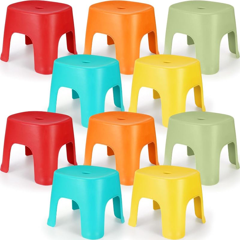 Photo 1 of 10 Pcs Stackable Kids Stools Plastic Solid Stacking Student Chairs Colored Round Classroom Stool Nursery Flexible Seating for Preschool Bedroom Playroom School Toddlers Children Boys Girls
