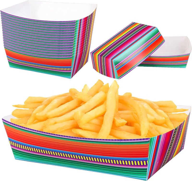 Photo 1 of 50 PCS Mexican Paper Food Trays Fiesta Snack Trays Cinco De Mayo Party Disposable Popcorn Nacho Trays for Mexico Fiesta Cinco De Mayo Theme Birthday Baby Shower Tableware Party Decorations