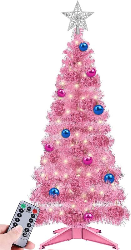 Photo 1 of 12 Modes & Remote Control SURCVIO 3 Ft Christmas Tree with Timer 50 Four Color LED Lights DIY 15 Ball Ornaments Star Artificial Pencil Full Xmas Tree Indoor Outdoor Home Holiday Decorations (Pink)