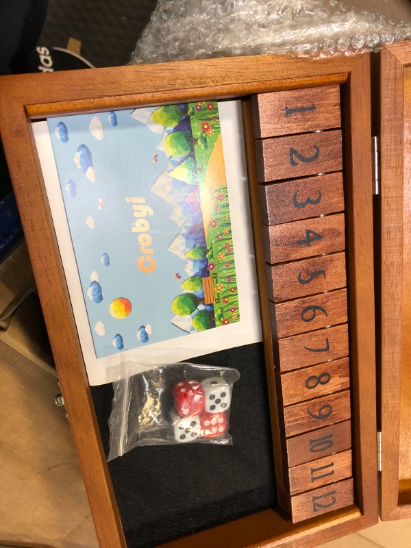 Photo 1 of Crobyi Shut The Box Dice Game with 12 Numbers and Lid, Wooden Classic Board Game with - 4 Dice - Gift Package - Shut-The-Box Game Rules, Close The Box Gam for Kids Adults, Family Classroom, Home & Pub