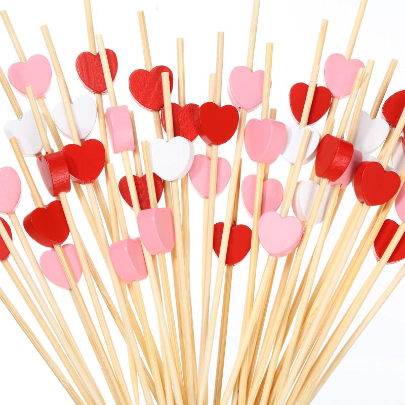 Photo 1 of 300 Counts Toothpicks for Appetizers Bamboo Cocktail Picks Heart Shaped Food Picks Red Pink White Cocktail Skewers 4.7 Inch Long Fruit Skewers Barbecue Skewers for Home Restaurant Buffet Party
