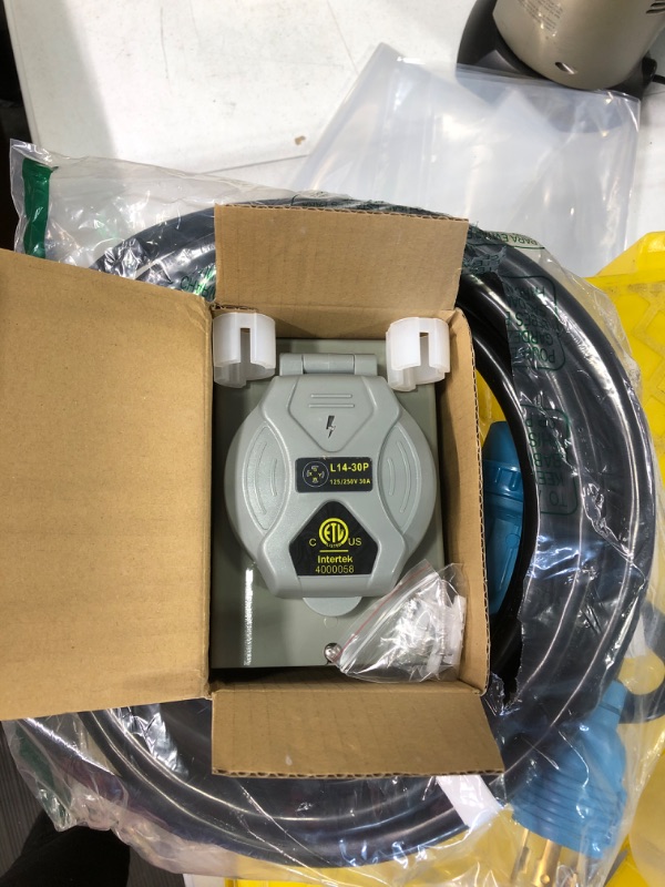 Photo 1 of CircleCord 4 Prong 25 Feet 30 Amp Generator Cord and Inlet Box, Heavy Duty NEMA L14-30P/L14-30R, 125/250V 7500W 10 Gauge SJTW Generator to House Power Cord with Cord Organizer L14-30P/R 25 feet