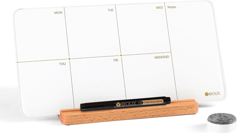 Photo 1 of Desktop Glass Weekly Planner Whiteboard with Detachable Wood Stand,Small Portable Dry Erase Calendar to Do List White Board 12x6" for Office, Home, Schools, Marker&Eraser Included, Yeoux