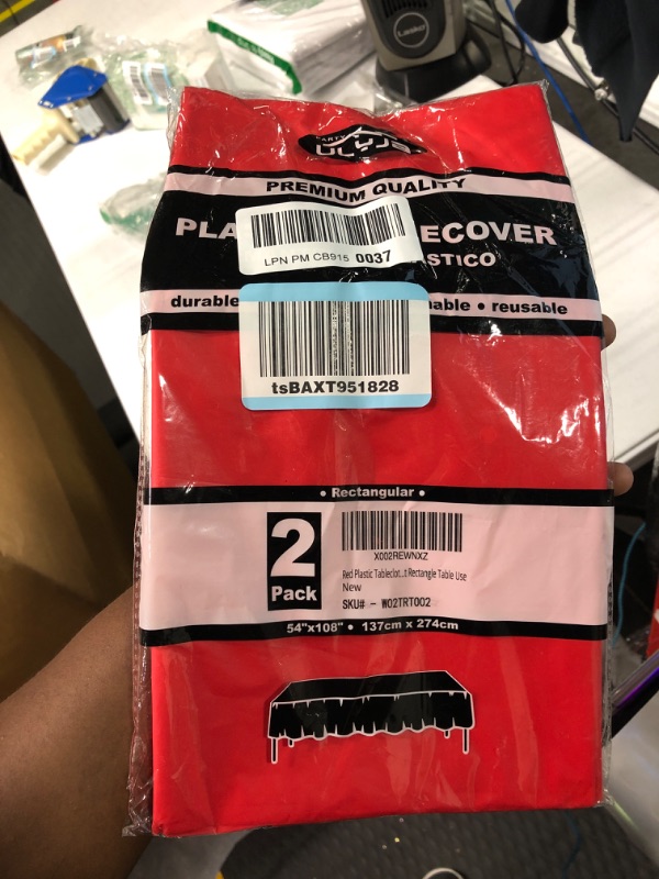 Photo 1 of Red Plastic Tablecloths 2 Pack Ruby Disposable Table Covers 54 x 108 Inch Bridal Shower Party Tablecovers PEVA Table Cloths for BBQ Picnic Birthday Wedding Banquet Parties 8 ft Rectangle Table Use E03 Red