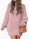 Photo 1 of ANRABESS Women 2023 Fall Crewneck Long Sleeve Oversized Cable Knit Chunky Pullover Short Sweater Dresses Light Pink Small