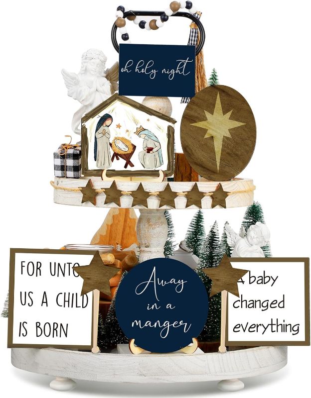 Photo 1 of 15 Pieces Christmas Tiered Tray Decor Christmas Jesus Theme Tray Decor Angel Jesus Star Wooden Decor Wood Angels Mangers Jesus' Birth Decor