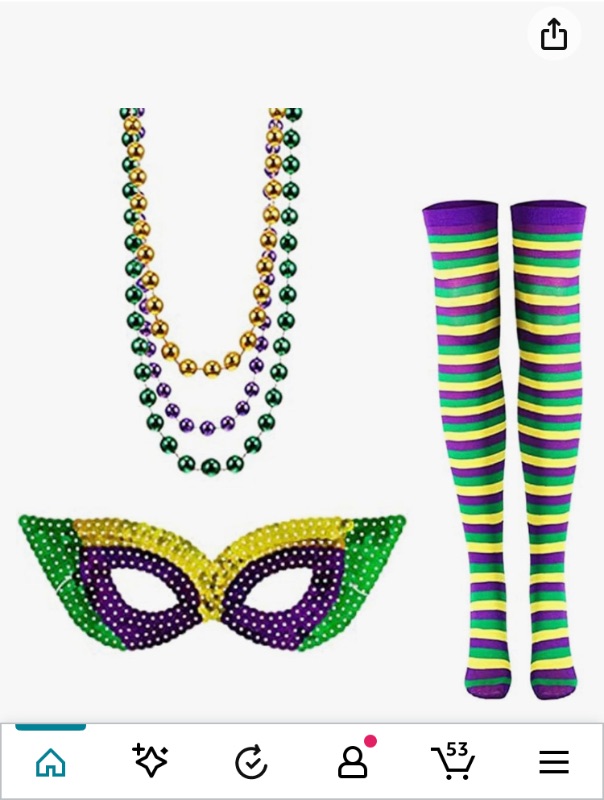 Photo 1 of 3 Pieces Mardi Gras Tights Costume Accessories Set for Women,Mardi Gras Long Striped Stockings &Mask and Bead Necklace for Mardi Gras Outfit