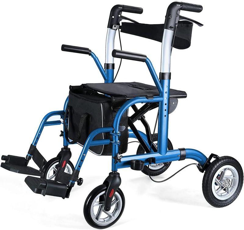 Photo 1 of 2 in 1 Rollator Walker for Seniors-Medical Walker with Seat,Folding Transport Wheelchair Rollator with 10" Big Pneumatic Rear Wheels,Reversible Soft Backrest and Detachable Footrests Blue