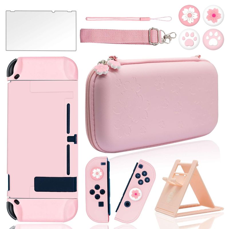 Photo 1 of BRHE Cute Travel Carrying Case for Nintendo Switch Accessories Kit with Hard Protective Cover, Glass Screen Protector, Adjustable Stand and Thumb Grip Caps 10 in 1(Switch Pink)