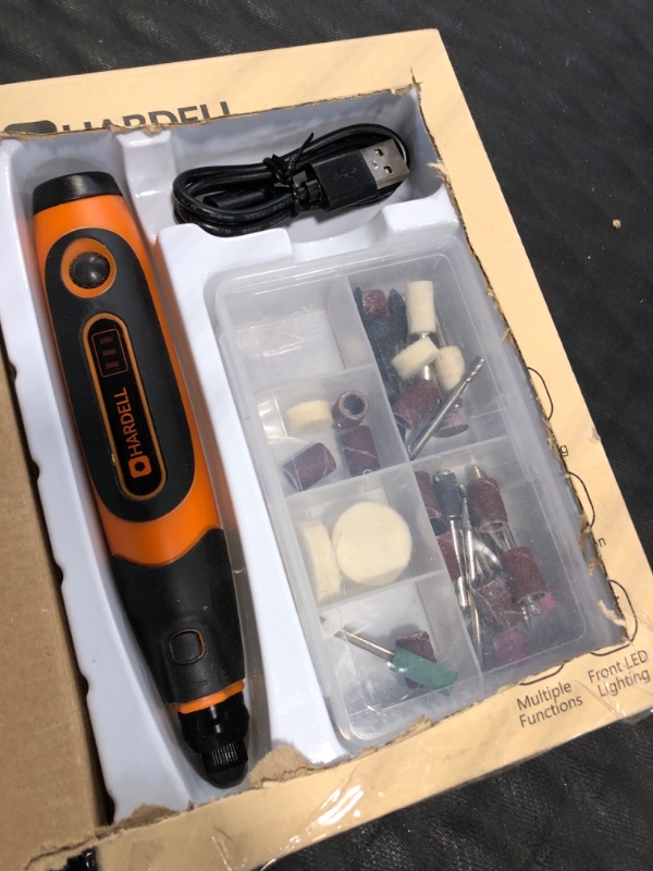 Photo 1 of HARDELL Cordless Rotary Tool, Upgrade 4V Pro Mini Rotary Tool Kit 18000 RPM with 74 Accessories, 3-Speed Multi-Purpose Rechargeable Rotary Tool for Sanding, Drilling, Engraving, Polishing, Crafting Orange-4v Pro