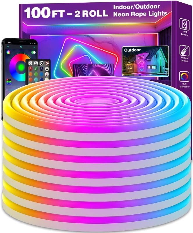 Photo 1 of 100Ft Led Neon Rope Lights,Flexible Led Rope Lights,Outdoor RGB Neon Lights Waterproof,Music Sync Led Neon Strip Lights for Bedroom Indoor
