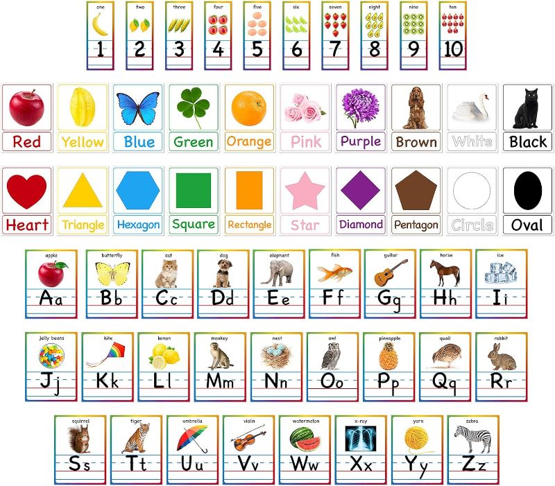 Photo 1 of 56 Pieces Alphabet and Number Bulletin Board Set Educational Bulletin Board Cards Early Learning Colors Shapes Cards Manuscript Alphabet Number Posters for Kindergarten Classroom Decorations