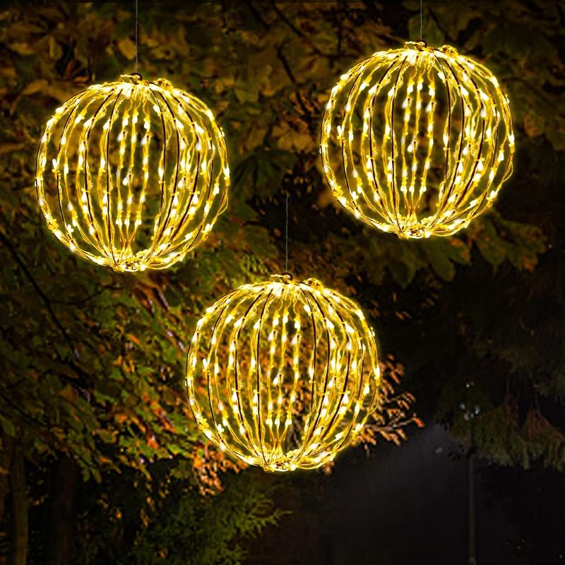 Photo 1 of 12 Inch LED Light Balls Outdoor Set of 3, Hanging Tree Globe Lights with Fold Flat Metal Frame for Outside, Garden, Yard, Christmas Sphere Decoration (Warm White)
