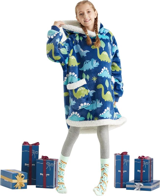 Photo 1 of Bedsure Kids Blanket Hoodie with Sleeves - Sherpa Hooded Blanket as Dinosaur Gifts for Teen Boys Girls Daughter, Warm Wearable Blanket Sweatshirt