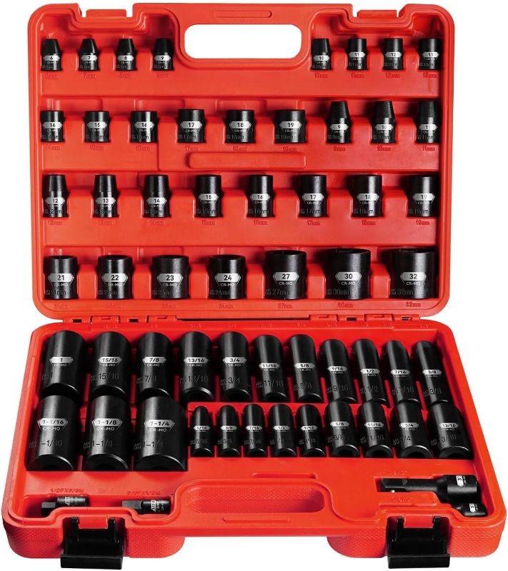 Photo 1 of 59PCS 3/8" and 1/2” Drive Impact Socket Set, Metric/SAE Deep/Shallow, Cr-Mo, 6-Point, 3/8"- 1-1/4", 9mm - 32mm, Includes Socket Adapter and Extension Bar