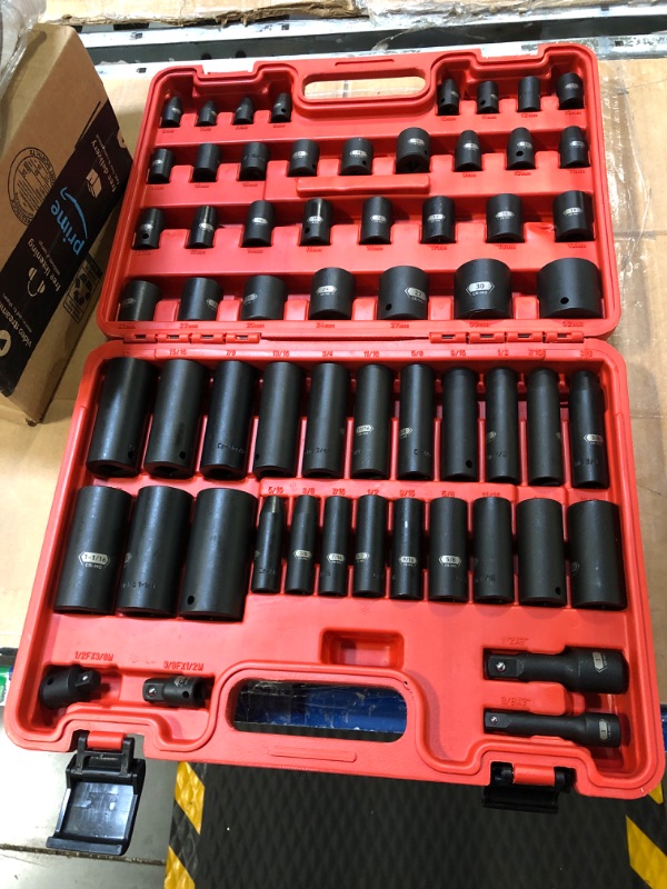 Photo 3 of 59PCS 3/8" and 1/2” Drive Impact Socket Set, Metric/SAE Deep/Shallow, Cr-Mo, 6-Point, 3/8"- 1-1/4", 9mm - 32mm, Includes Socket Adapter and Extension Bar