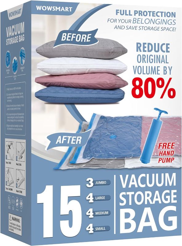 Photo 1 of 15 Space Saver Vacuum Storage Bags, Vacuum Sealed Storage Bags (3 Jumbo/4 Large/4 Medium/4 Small) with Hand Pump, Vacuum Seal Bags for Clothing, Comforters, Pillows, Towel, Blanket Storage, Bedding
