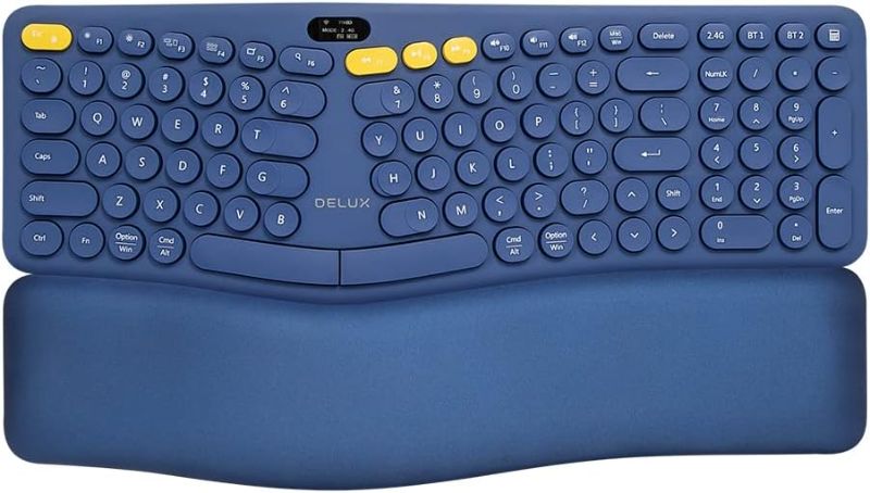 Photo 1 of DeLUX Wireless Ergonomic Split Keyboard with OLED Screen, Numeric Pad, and Removable Wrist Rest, Multi-Device Rechargeable Keyboard Compatible with Windows and Mac (GM903-Blue)