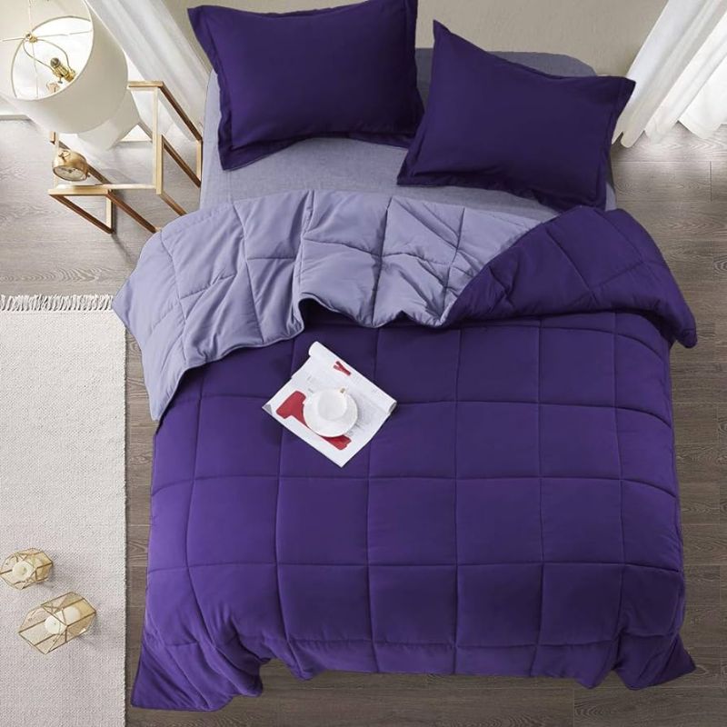 Photo 1 of 3 Pieces Classic Over - Sized Reversible Comforter Set, Breathable All Season Box Stitched Duvet with Down Alternative Filling, Soft Fluffy Microfiber Bedding Set for Bedroom, King, Purple
