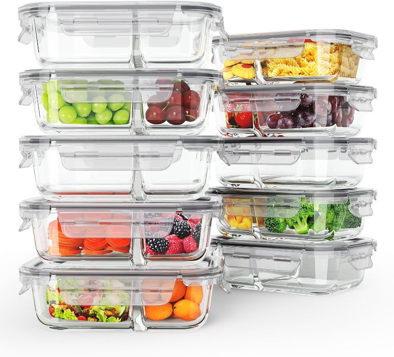 Photo 1 of 10 Pack Glass Meal Prep Containers 2 Compartment, Glass Food Storage Containers with Lids, Airtight Glass Lunch Bento Boxes, BPA-Free & Leak Proof (10 lids & 10 Containers) - Grey