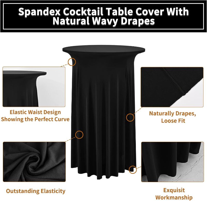 Photo 1 of 2 Packs Round Cocktail Table Skirt 32"x 43" Spandex Stretch Cocktail Tablecloth with Wavy Drapes, Black Spandex Fitted High Top Table Covers for Wedding Bar Party Birthday Banquet Table