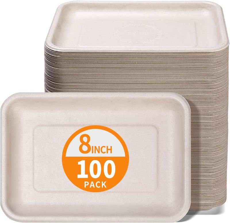 Photo 1 of 100 Pack 8 Inch Rectangle Paper Plates Heavy Duty, Bend-Resist Compostable 8 inch Disposable Trays for Taco, Burrito, Meat, Hot Dog
