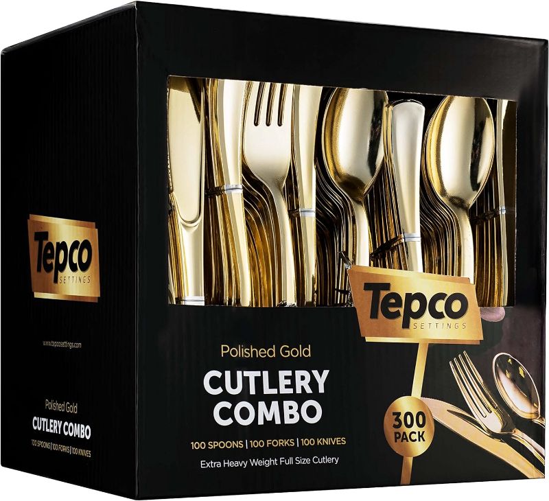 Photo 1 of 300 Gold Disposable Plastic Flatware Set - 100 Forks, 100 Spoons, 100 Knives - Heavy Duty Silverware for Party Bulk
