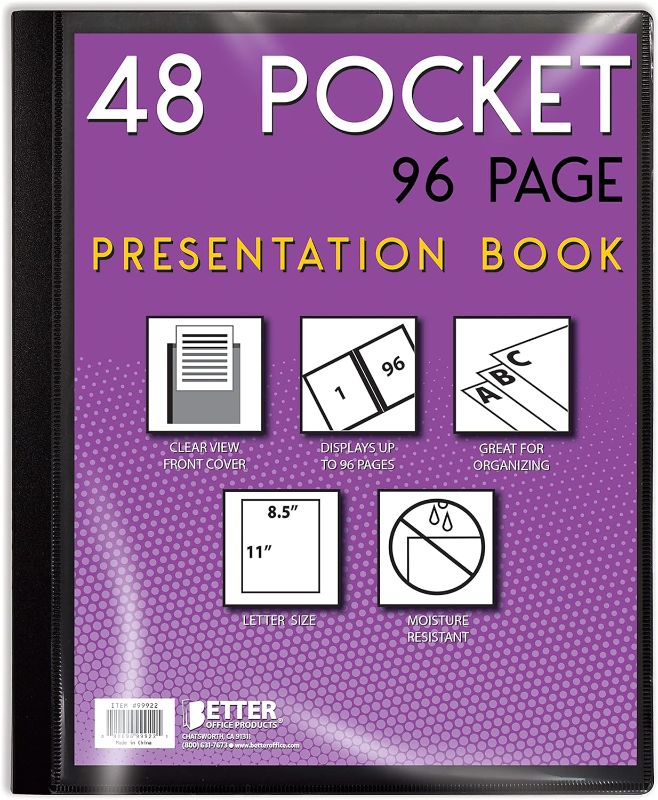 Photo 1 of Better Office Products 48 Pocket Bound Presentation Book, with Clear View Front Cover, 96 Sheet Protector Pages, 8.5" x 11" Sheets, Art Portfolio, Durable Poly Covers, Letter Size
