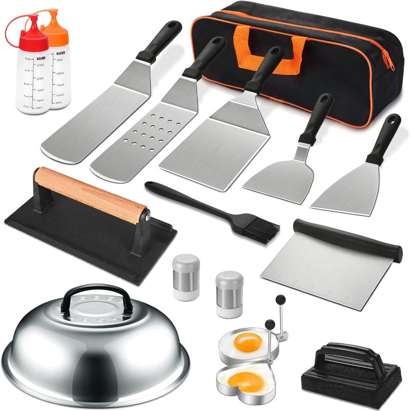 Photo 1 of 18PCS Griddle Accessories Kit, Flat Top Grill Accessories Set for Blackstone and Camp Chef, Grill Spatula Set with Enlarged Spatulas, Basting Cover, Scraper for Outdoor BBQ
