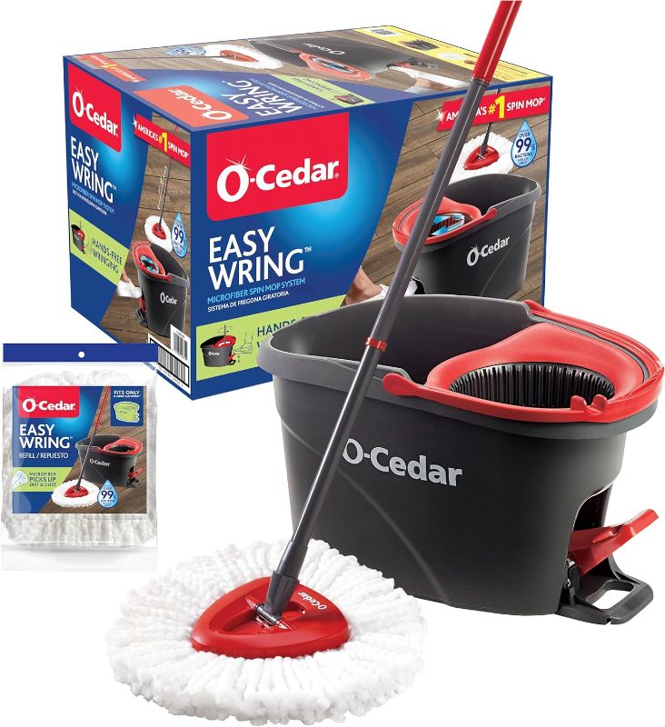 Photo 1 of O-Cedar Easywring Microfiber Spin Mop & Bucket Floor Cleaning System with 1 Extra Refill,Red / Gray
