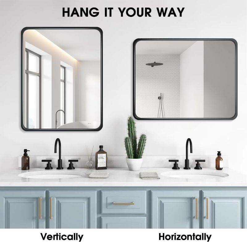 Photo 1 of 35x28 Inch Black Bathroom Mirror - Metal Frame Rectangle Vanity Mirror for Wall - Ideal for Bathroom, Living Room, Bedroom, and More - Hanging Horizontal or Vertical
