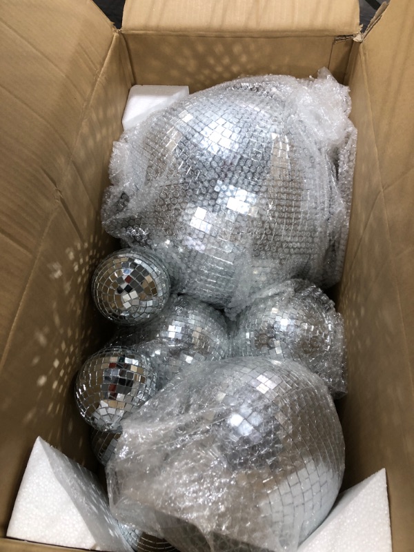 Photo 3 of 8 Pcs Large Disco Ball Set Silver Mirror Disco Balls Reflective Ball with Hanging Ring Party Hanging Ornament Decoration for Stage Club Ballroom Dance Hall Wedding Prom Props (12'', 8'', 6'', 4'')