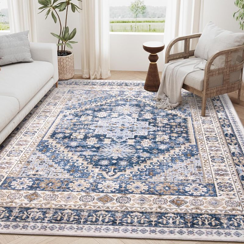 Photo 1 of 8x10 Area Rugs for Living Room,Non-Slip Backing Washable Rugs,Vintage Large Area Rug,Stain Resistant Home Decor Rug (Blue/Beige,8'x10') Blue/Beige 8'x10'