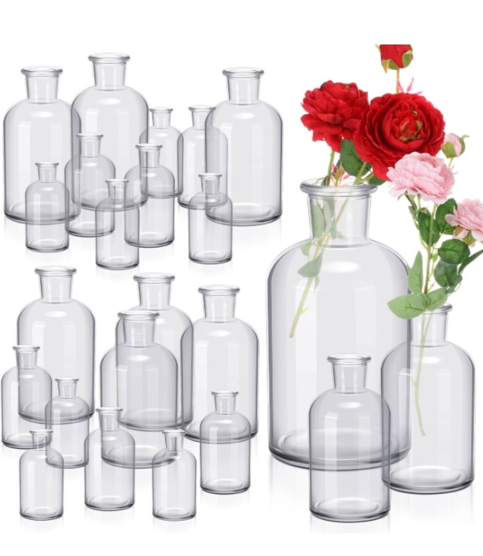 Photo 1 of 24 Pcs Glass Living Bud Vases Bulk Small Clear Vase Glass Jar Vases Table Centerpiece Floral Vases for Rustic Wedding Reception Home Table Party Decor, 3 Sizes