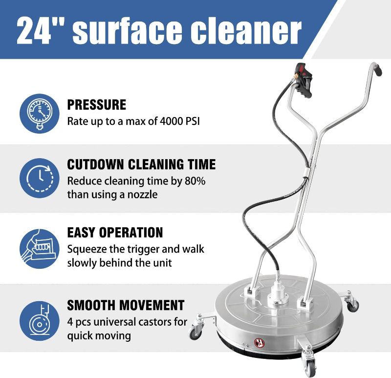 Photo 1 of 24" Pressure Washer Surface Cleaner with 4 Wheels,Dual Handle,Stainless Steel Housing, 2 Hose Adapters and 4 Replacement Nozzles, Ideal for Cleaning Driveways, Sidewalks,Patios,Decks