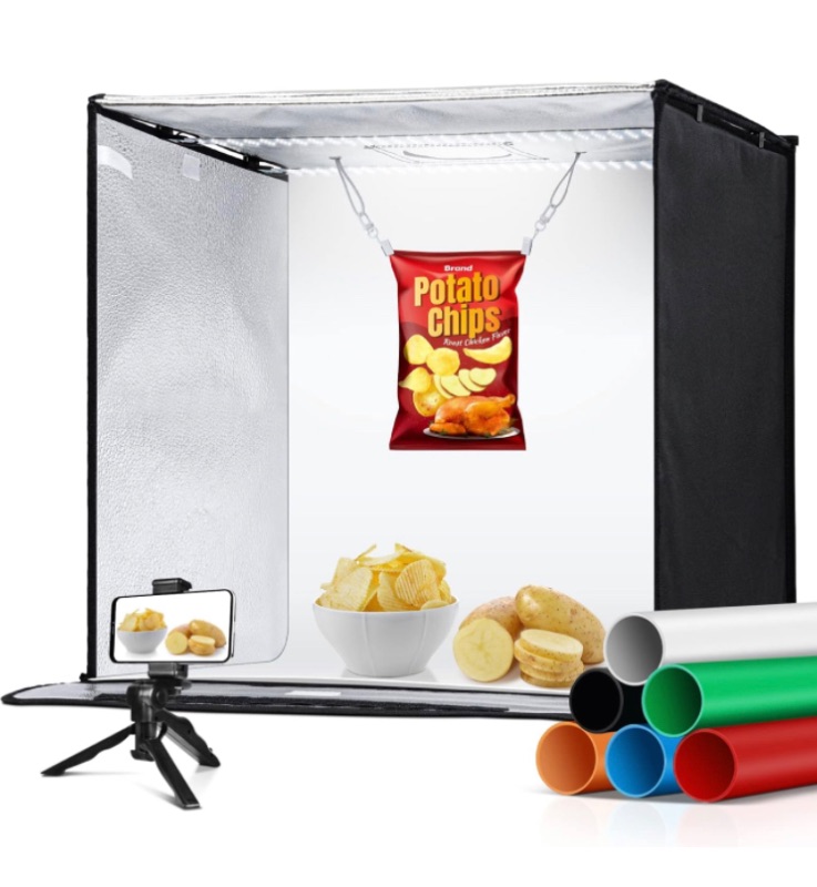 Photo 1 of Photo Studio Light Box, Wisamic 24” × 24” Shooting Light Tent Kit Portable Tabletop Booth with 240 LED Brightness Adjustable and 6 Colored Backdrops for Continuous Lighting Product Photography